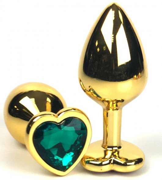 Золотистая анальная пробка с зеленым кристаллом-сердцем - 6,5 см. - Vandersex - купить с доставкой в Москве