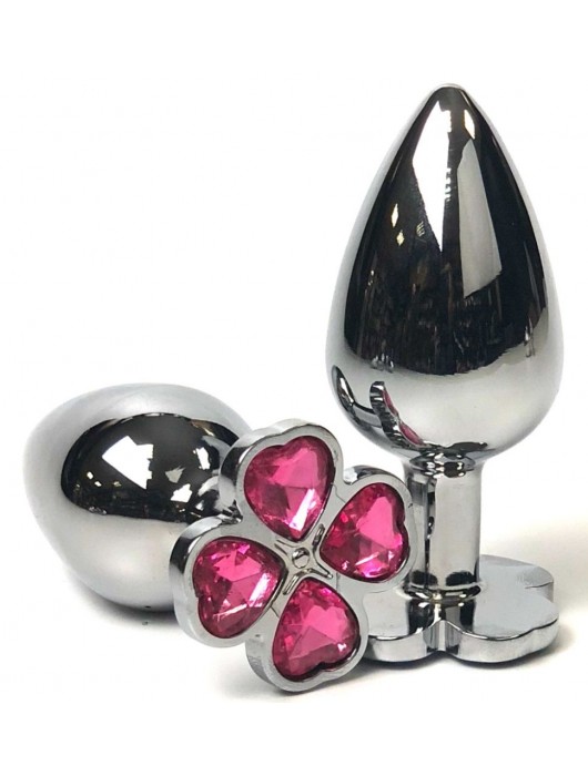 Серебристая анальная втулка с клевером из розовых кристаллов - 6,5 см. - Vandersex - купить с доставкой в Москве