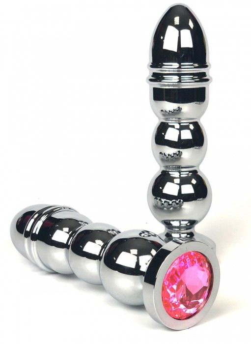 Серебристая анальная пробка-ёлочка с розовым кристаллом - 14,5 см. - Vandersex - купить с доставкой в Москве
