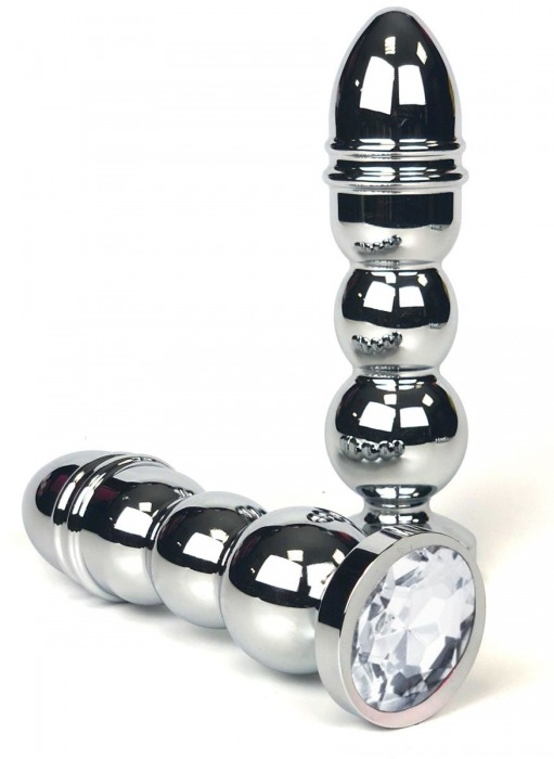Серебристая анальная пробка-ёлочка с прозрачным кристаллом - 14,5 см. - Vandersex - купить с доставкой в Москве