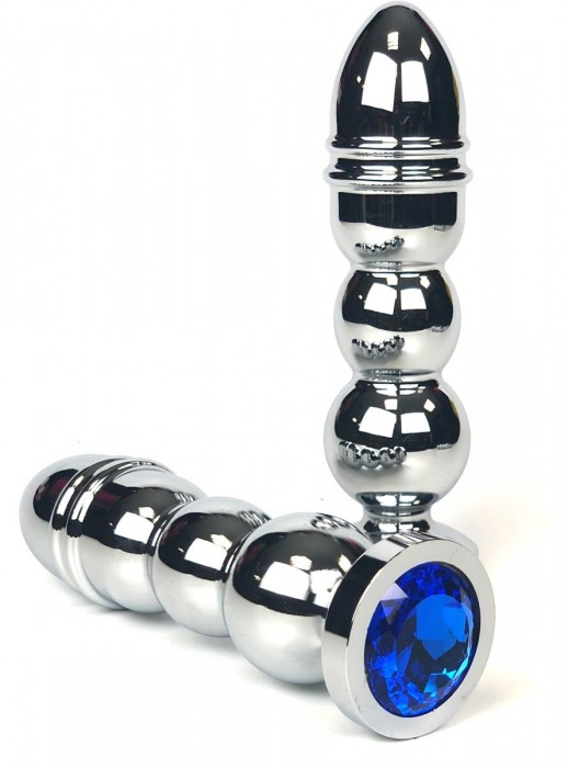 Серебристая анальная пробка-ёлочка с синим кристаллом - 14,5 см. - Vandersex - купить с доставкой в Москве