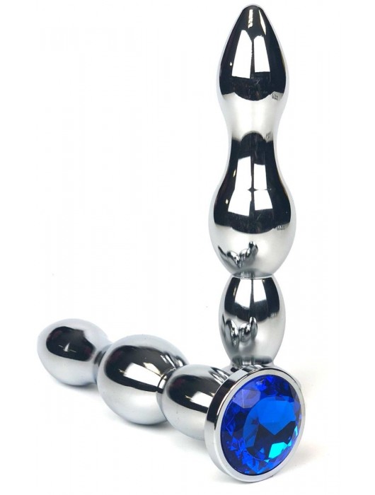 Серебристая коническая анальная пробка-ёлочка с синим кристаллом - 13 см. - Vandersex - купить с доставкой в Москве