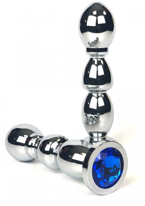 Серебристая закругленная анальная пробка-ёлочка с синим кристаллом - 13 см. - Vandersex - купить с доставкой в Москве