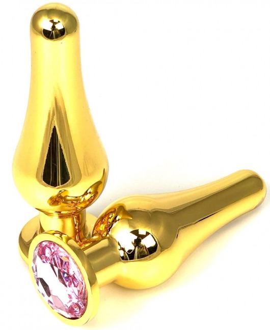 Золотистая удлиненная анальная пробка с нежно-розовым кристаллом - 10 см. - Vandersex - купить с доставкой в Москве