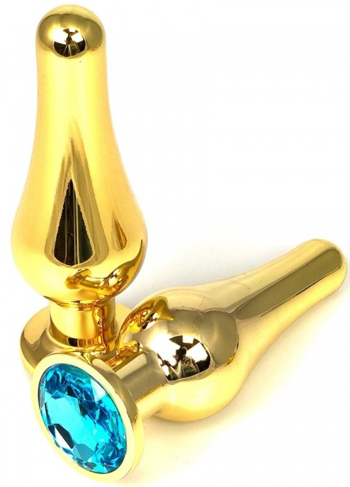 Золотистая удлиненная анальная пробка с голубым кристаллом - 10 см. - Vandersex - купить с доставкой в Москве