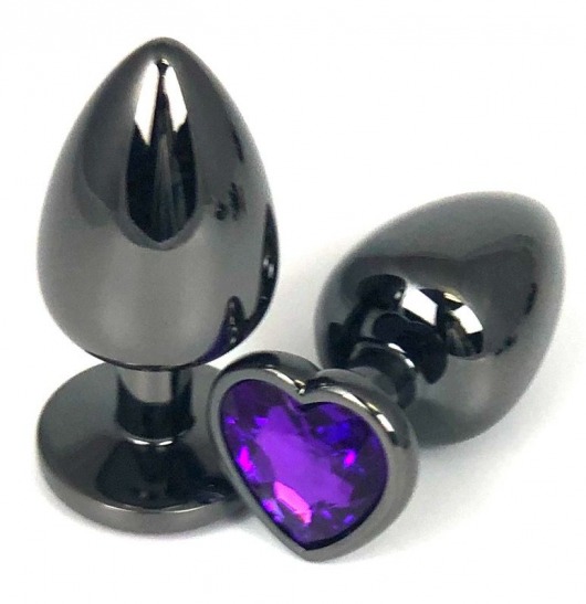 Черная металлическая анальная пробка с фиолетовым стразом-сердечком - 9 см. - Vandersex - купить с доставкой в Москве