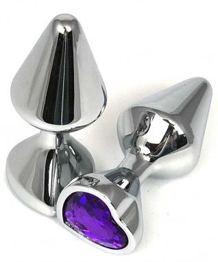 Серебристая анальная пробка с фиолетовым кристаллом-сердцем - 8 см. - Vandersex - купить с доставкой в Москве