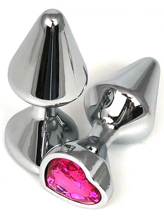 Серебристая анальная пробка с розовым кристаллом-сердцем - 8 см. - Vandersex - купить с доставкой в Москве