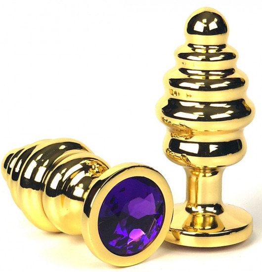 Золотистая ребристая анальная пробка с фиолетовым кристаллом - 6 см. - Vandersex - купить с доставкой в Москве