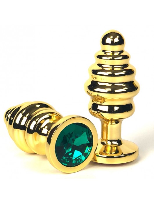 Золотистая ребристая анальная пробка с зеленым кристаллом - 8,5 см. - Vandersex - купить с доставкой в Москве