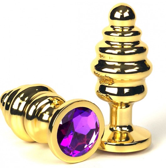 Золотистая ребристая анальная пробка с фиолетовым кристаллом - 8,5 см. - Vandersex - купить с доставкой в Москве