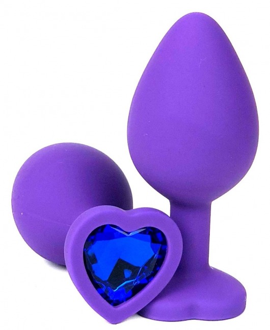 Фиолетовая силиконовая анальная пробка с синим стразом-сердцем - 8 см. - Vandersex - купить с доставкой в Москве
