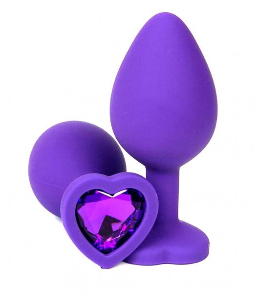 Фиолетовая силиконовая анальная пробка с фиолетовым стразом-сердцем - 8 см. - Vandersex - купить с доставкой в Москве