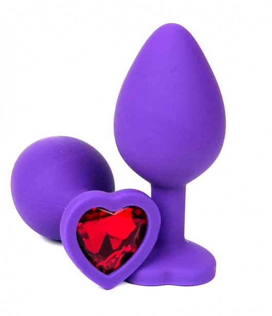 Фиолетовая силиконовая анальная пробка с красным стразом-сердцем - 8,5 см. - Vandersex - купить с доставкой в Москве