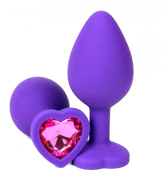 Фиолетовая силиконовая анальная пробка с розовым стразом-сердцем - 8,5 см. - Vandersex - купить с доставкой в Москве