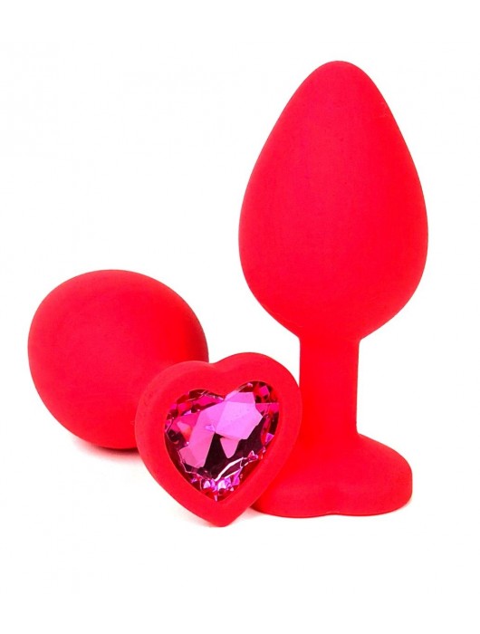 Красная силиконовая анальная пробка с розовым стразом-сердцем - 8 см. - Vandersex - купить с доставкой в Москве