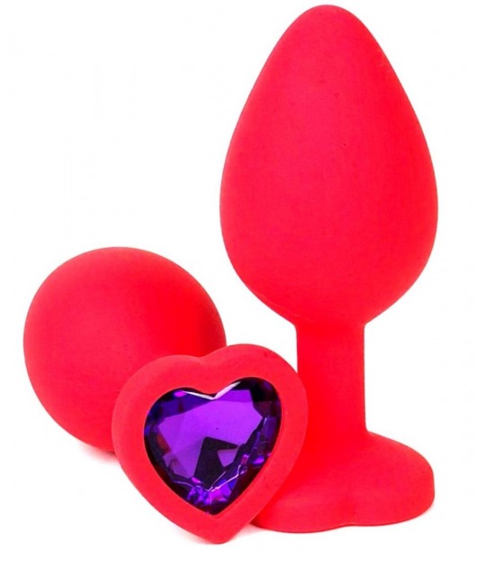 Красная силиконовая анальная пробка с фиолетовым стразом-сердцем - 8 см. - Vandersex - купить с доставкой в Москве