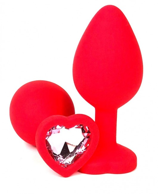 Красная силиконовая анальная пробка с нежно-розовым стразом-сердцем - 8,5 см. - Vandersex - купить с доставкой в Москве