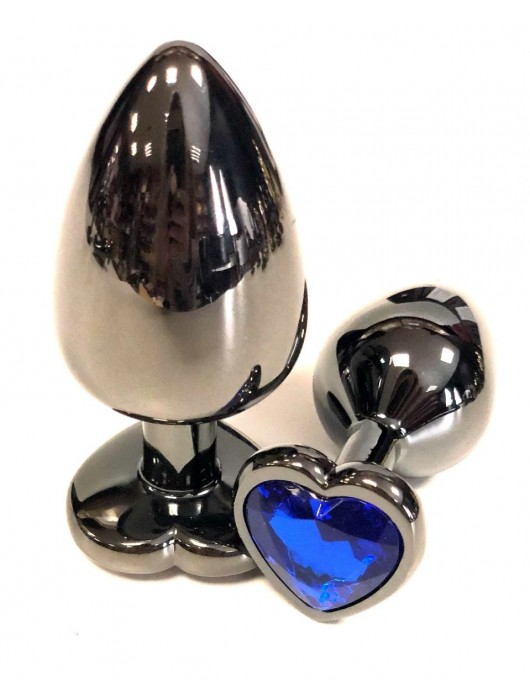 Черная металлическая анальная пробка с синим стразом-сердечком - 6,5 см. - Vandersex - купить с доставкой в Москве