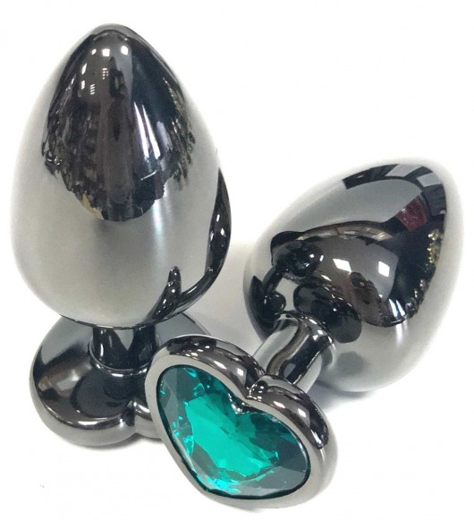 Черная металлическая анальная пробка с зеленым стразом-сердечком - 7,5 см. - Vandersex - купить с доставкой в Москве