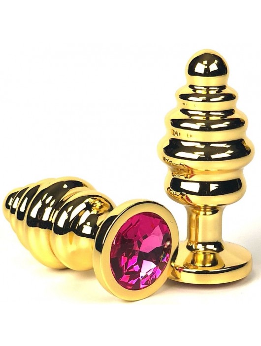Золотистая ребристая анальная пробка с розовым кристаллом - 7 см. - Vandersex - купить с доставкой в Москве