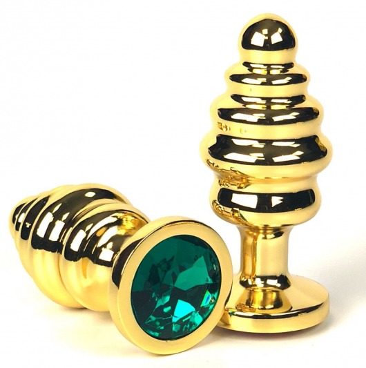 Золотистая ребристая анальная пробка с зеленым кристаллом - 7 см. - Vandersex - купить с доставкой в Москве