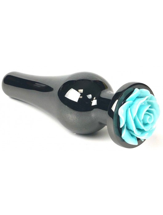 Черная удлиненная анальная пробка с бирюзовой розой - 12,5 см. - Vandersex - купить с доставкой в Москве