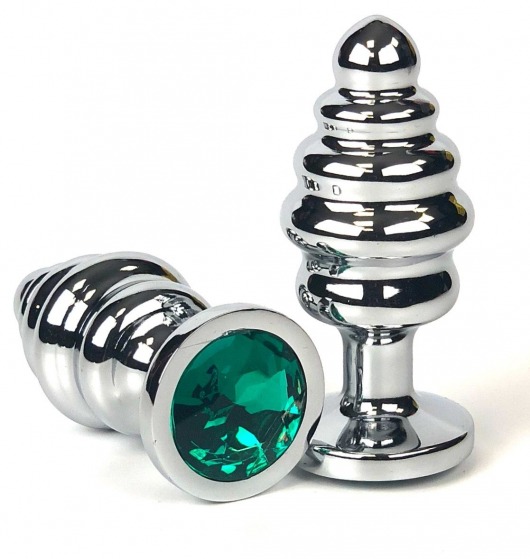 Серебристая ребристая анальная пробка с зеленым кристаллом - 6 см. - Vandersex - купить с доставкой в Москве