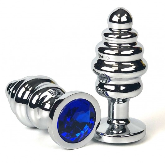 Серебристая ребристая анальная пробка с синим кристаллом - 6 см. - Vandersex - купить с доставкой в Москве