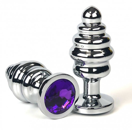 Серебристая ребристая анальная пробка с фиолетовым кристаллом - 7 см. - Vandersex - купить с доставкой в Москве