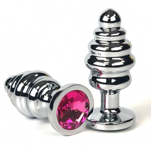 Серебристая ребристая анальная пробка с розовым стразом - 7 см. - Vandersex - купить с доставкой в Москве