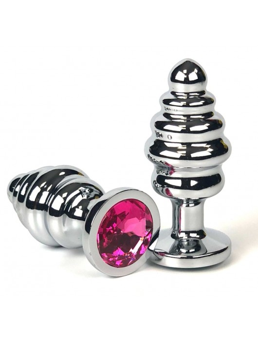 Серебристая ребристая анальная пробка с розовым кристаллом - 7 см. - Vandersex - купить с доставкой в Москве