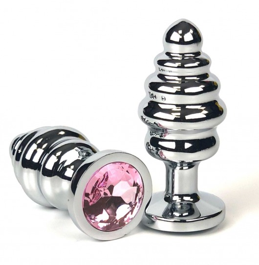 Серебристая ребристая анальная пробка с нежно-розовым кристаллом - 7 см. - Vandersex - купить с доставкой в Москве