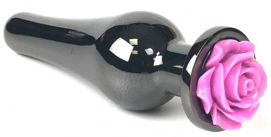 Черная удлиненная анальная пробка с фиолетовой розой - 12,5 см. - Vandersex - купить с доставкой в Москве