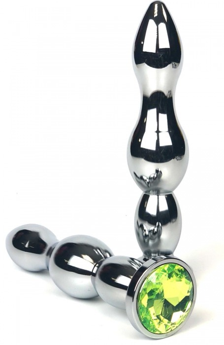 Серебристая удлиненная анальная пробка-ёлочка с лаймовым кристаллом - 12 см. - Vandersex - купить с доставкой в Москве