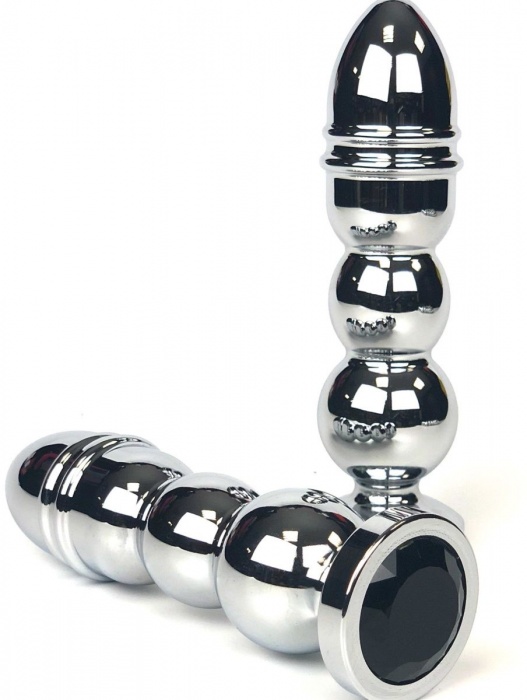 Серебристая анальная пробка-ёлочка с черным кристаллом - 13 см. - Vandersex - купить с доставкой в Москве