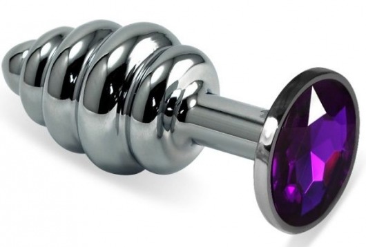 Серебристая ребристая анальная пробка с фиолетовым стразом - 8 см. - Vandersex - купить с доставкой в Москве