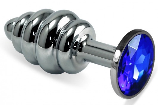 Серебристая ребристая анальная пробка с синим стразом - 8 см. - Vandersex - купить с доставкой в Москве