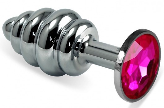 Серебристая  ребристая металлическая анальная пробка с розовым кристаллом - 8 см. - Vandersex - купить с доставкой в Москве