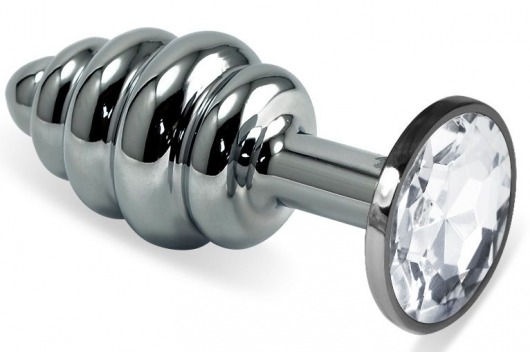 Серебристая ребристая анальная пробка с прозрачным стразом - 8 см. - Vandersex - купить с доставкой в Москве