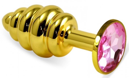 Золотистая ребристая анальная пробка с нежно-розовым кристаллом - 8 см. - Vandersex - купить с доставкой в Москве