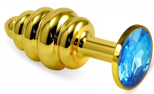 Золотистая ребристая анальная пробка с голубым кристаллом - 8 см. - Vandersex - купить с доставкой в Москве
