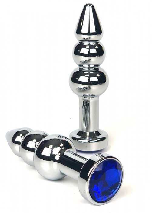 Серебристая коническая анальная пробка-ёлочка с синим кристаллом - 11 см. - Vandersex - купить с доставкой в Москве