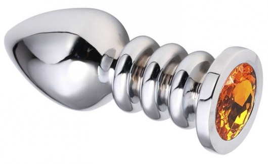 Серебристая анальная пробка на рельефной ножке с оранжевым кристаллом - 9 см. - Vandersex - купить с доставкой в Москве