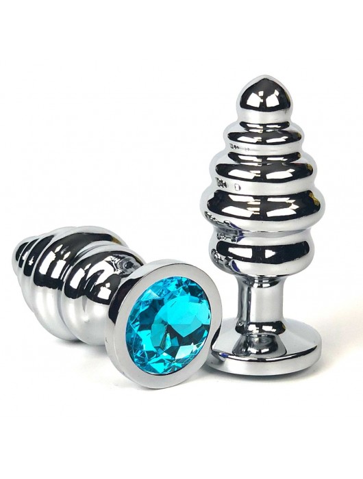 Серебристая ребристая анальная пробка с голубым стразом - 7 см. - Vandersex - купить с доставкой в Москве