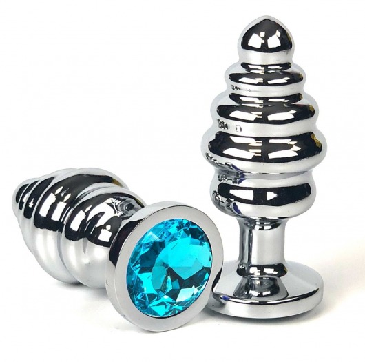 Серебристая ребристая анальная пробка с голубым кристаллом - 7 см. - Vandersex - купить с доставкой в Москве
