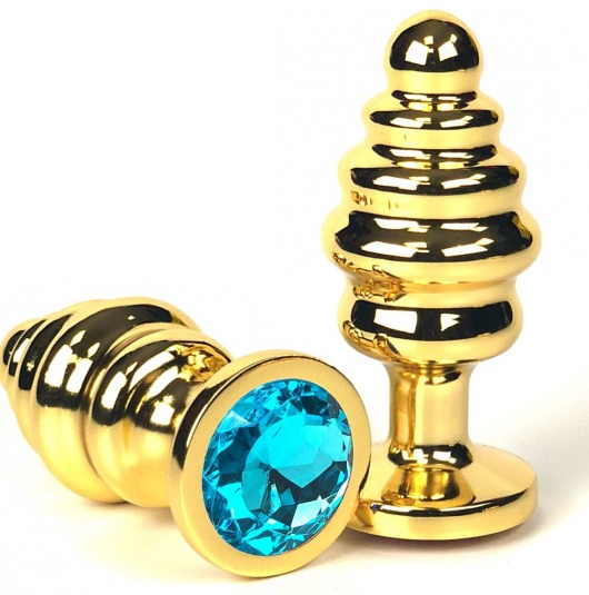 Золотистая ребристая анальная пробка с голубым кристаллом - 6 см. - Vandersex - купить с доставкой в Москве