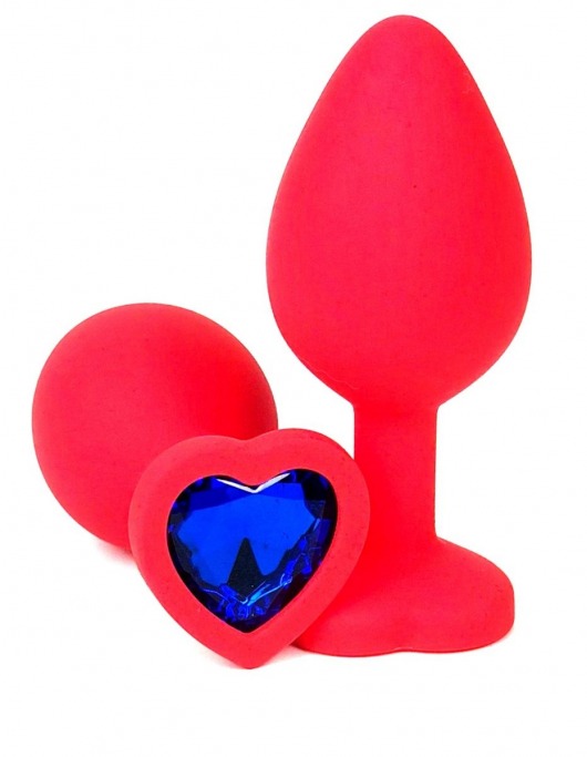 Красная силиконовая анальная пробка с синим стразом-сердцем - 8 см. - Vandersex - купить с доставкой в Москве