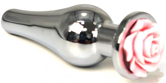 Серебристая удлиненная анальная пробка с розовой розой - 12,5 см. - Vandersex - купить с доставкой в Москве