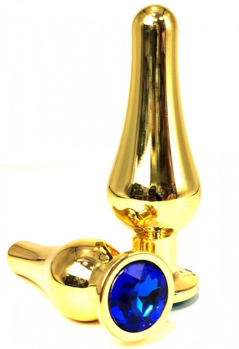 Золотистая удлиненная анальная пробка с синим кристаллом - 8 см. - Vandersex - купить с доставкой в Москве